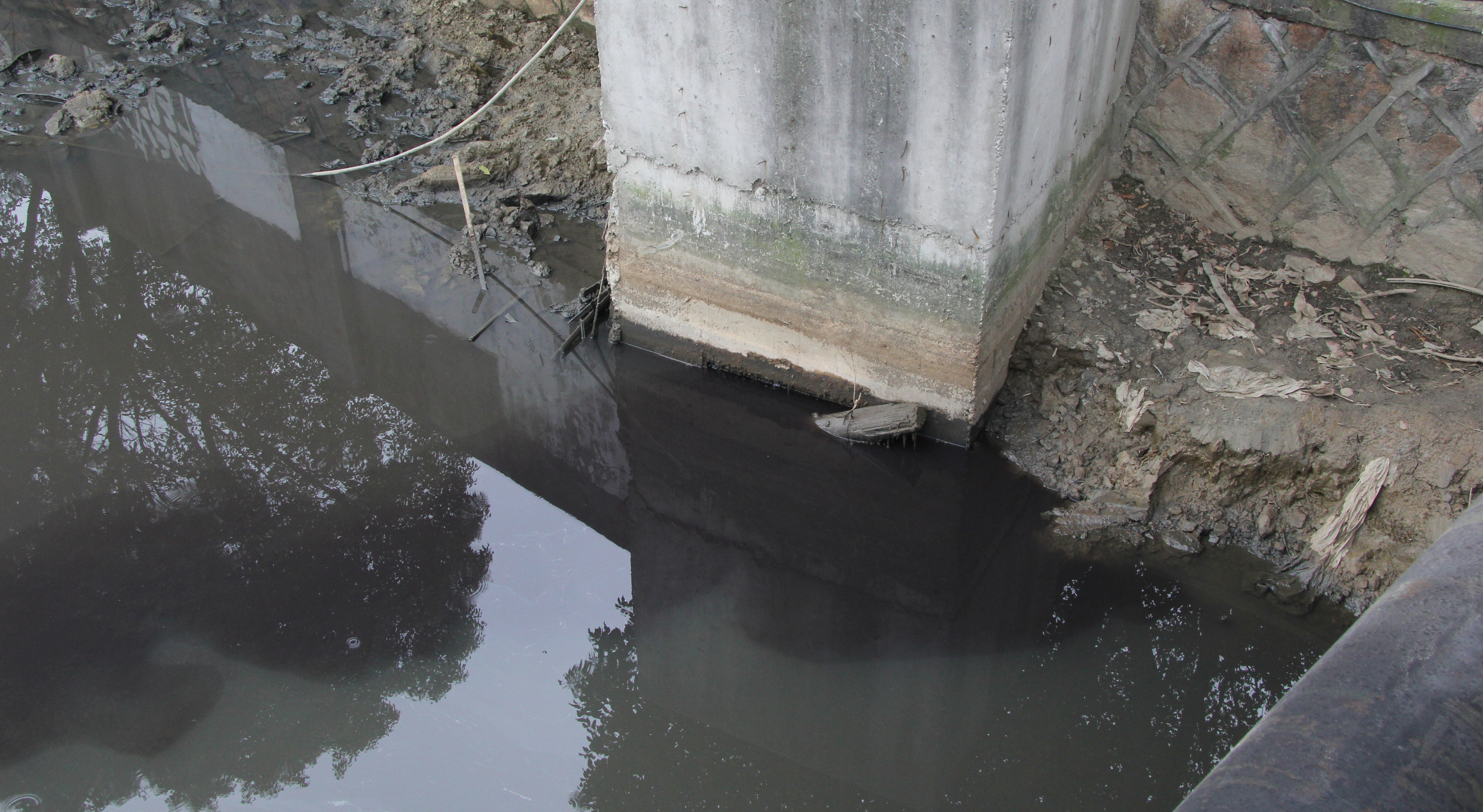 天山路桥东侧雨水管排黑水